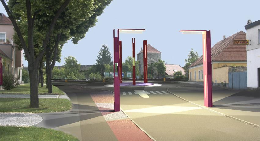 Entwurf für den Kreisverkehr Alte Wiener Straße - Raiffeisengürtel mit Beleuchtungskonzept